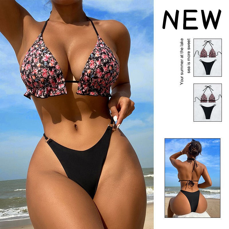 Damen Triangel-Bikini-Set mit floralem Muster und Rüschen
