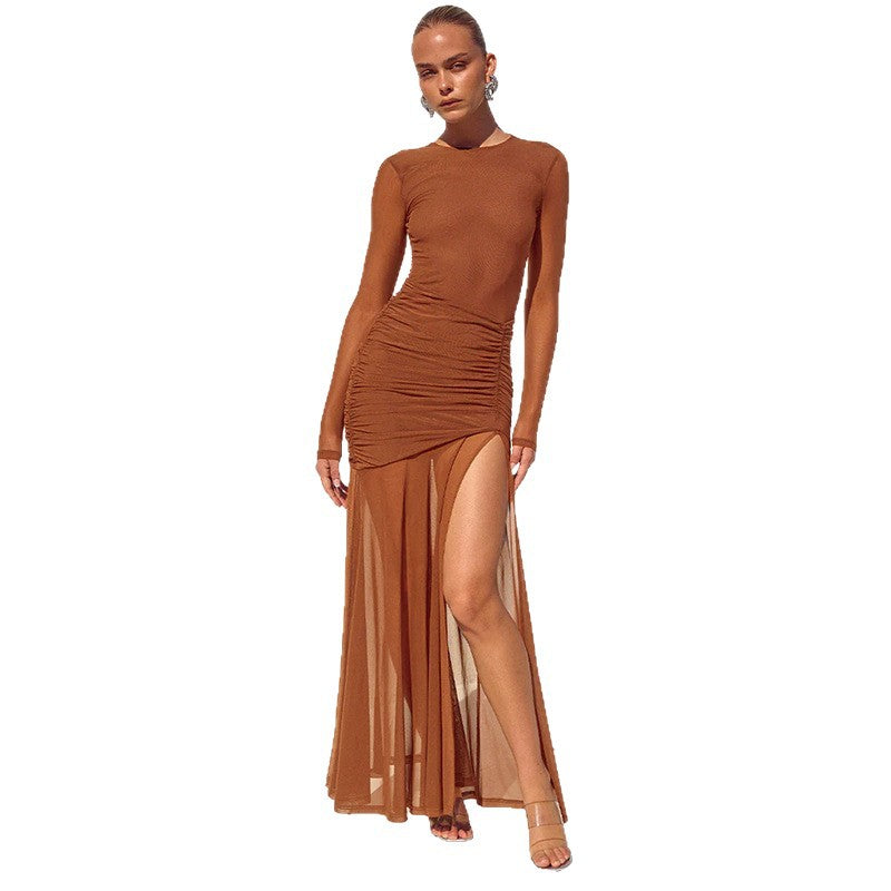 Damen Maxikleid mit eleganten Rüschendetails und seitlichem Schlitz R&B
