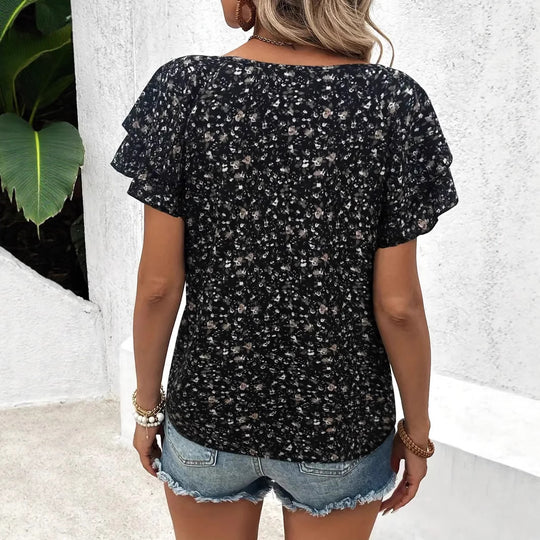 Damen Kurzarm Blusenshirt mit Rüschendetails und floralem Design R&B