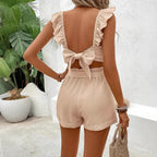 Damen Top und Shorts Set mit rüschenbesetztem Oberteil R&B