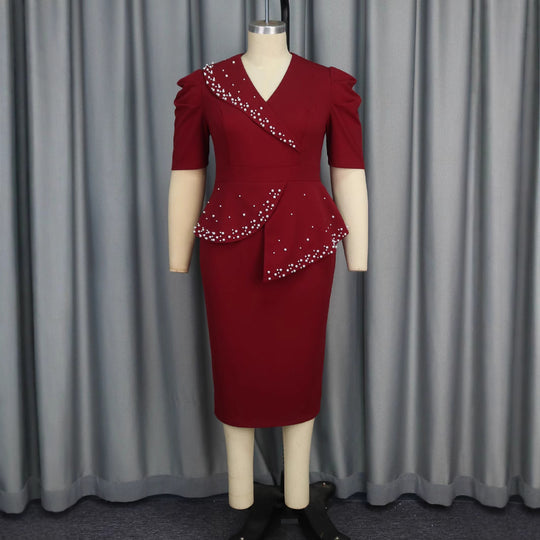 Damen figurbetontes Wickelkleid mit Rüschen und Perlenakzenten R&B