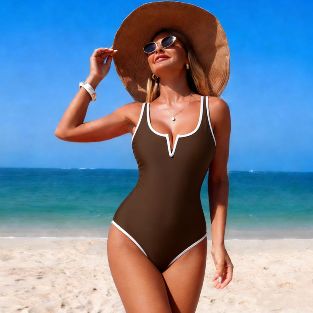 Damen sportlicher Einteiler Badeanzug mit tiefem V-Ausschnitt R&B