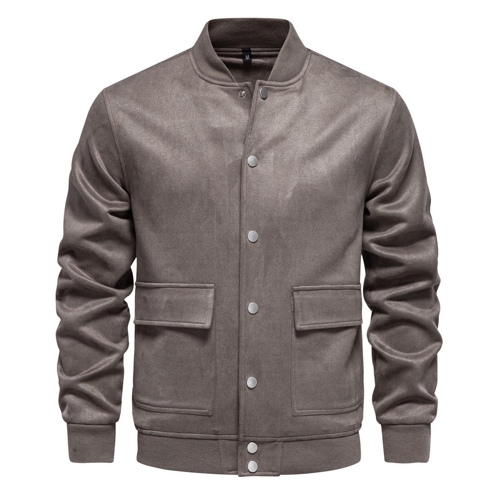 Herren nan Wildlederoptik-Collegejacke mit Druckknopfverschluss, Pattentaschen und geripptem Saum R&B