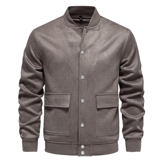 Herren nan Wildlederoptik-Collegejacke mit Druckknopfverschluss, Pattentaschen und geripptem Saum R&B