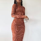 Damen Elegantes Langarmkleid mit modernem Marmormuster