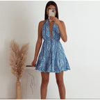 Damen Sommerliches Kleid mit tiefem V-Ausschnitt und schwingendem Rock R&B
