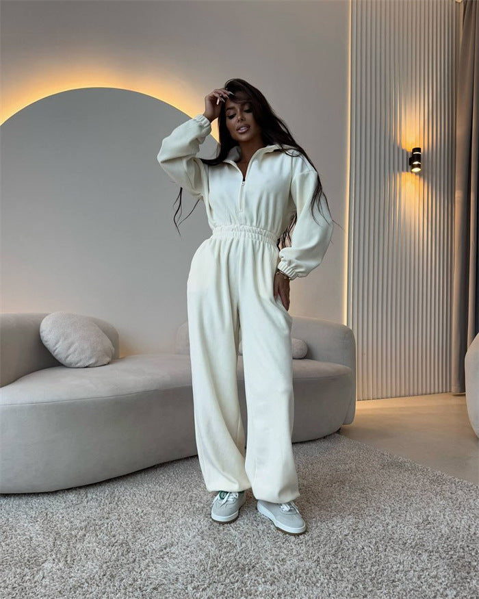 Damen eleganter Jumpsuit mit kurzem Reißverschluss und elastischem Bund R&B