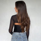 Damen Hochgeschlossenes Crop-Top mit transparenten Ärmeln R&B