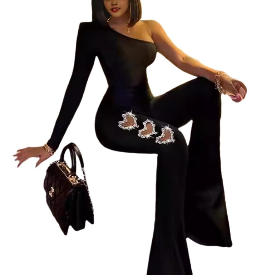 Damen Elegantes einseitiges Flare-Jumpsuit mit dekorativen Verzierungen R&B