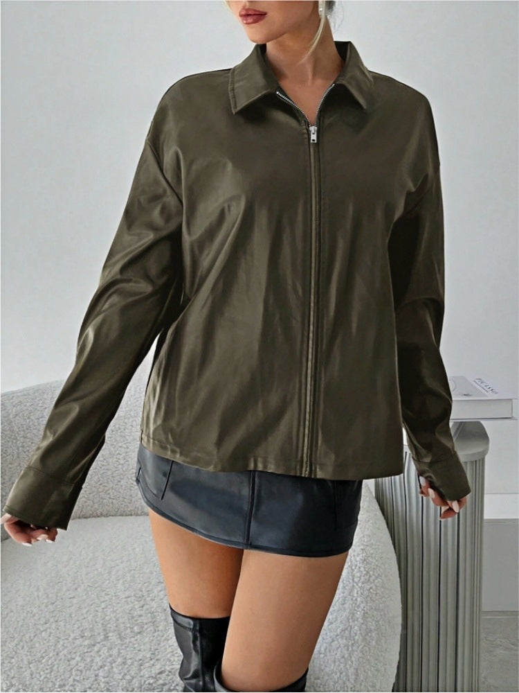 Damen leichtgewichtige Kunstlederjacke mit modernem Reißverschluss R&B