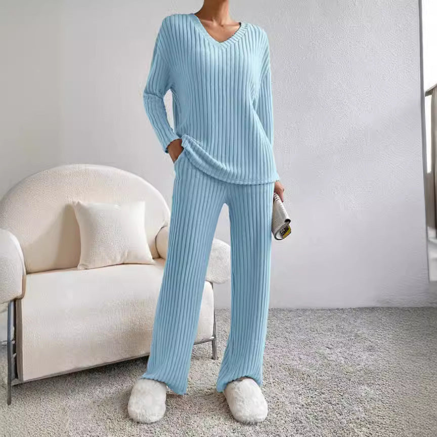 Damen Freizeit-Loungewear-Set aus weichem Rippstoff mit V-Ausschnitt