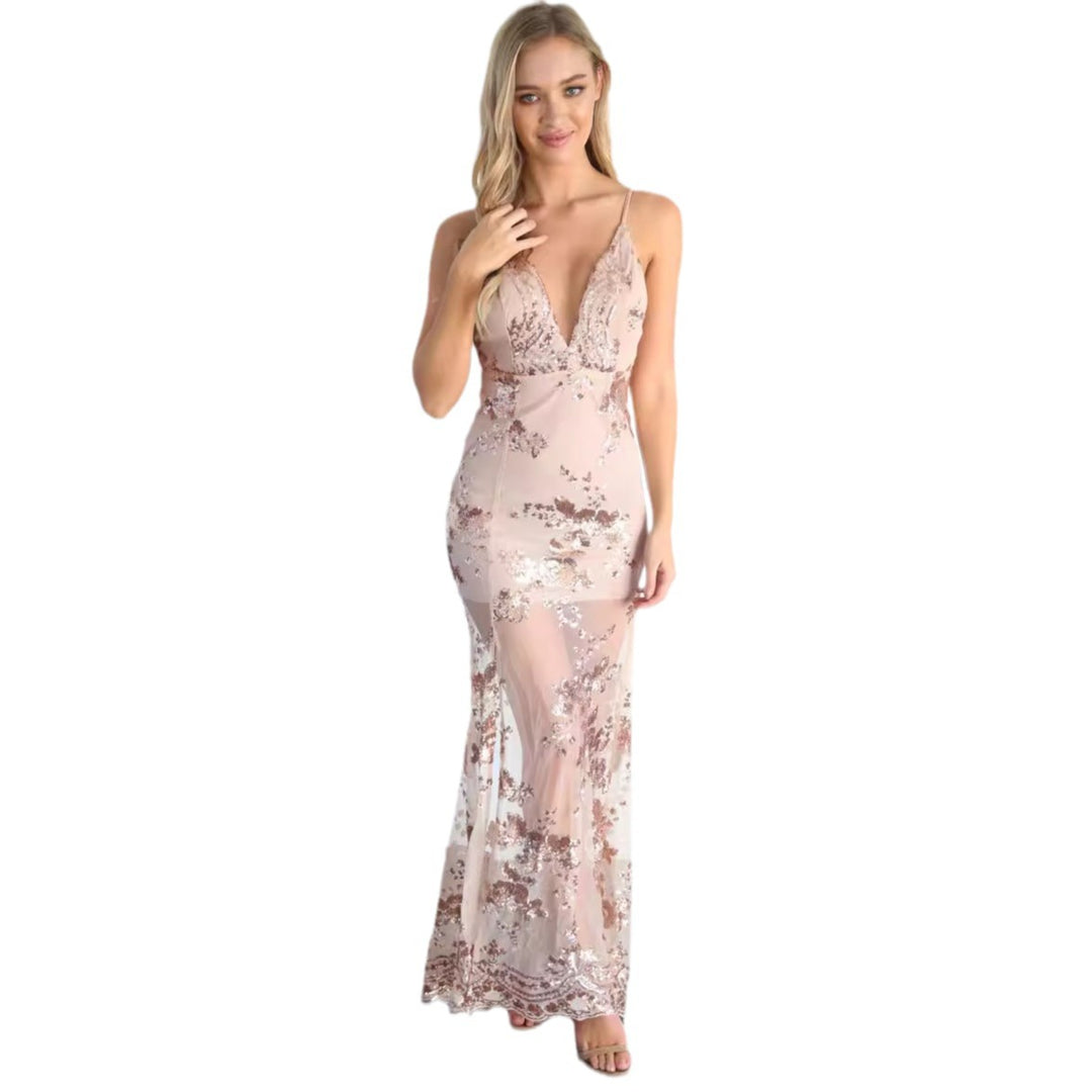 Damen Elegantes Abendkleid mit floralen Spitzenapplikationen und tiefem Schlitz R&B
