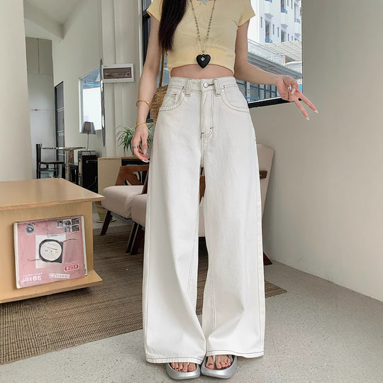 Damen weit geschnittene Denim-Hose mit hohem Bund und lässigem Schnitt R&B