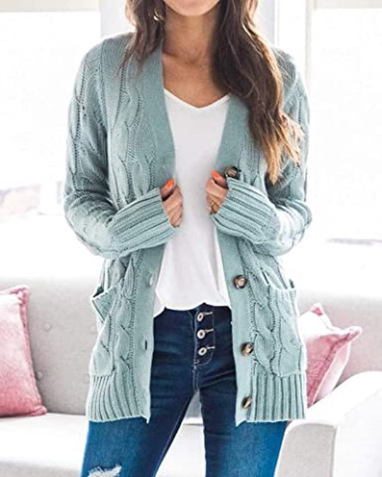 Damen Grobstrickjacke mit seitlichen Taschen und attraktivem Zopfmuster R&B
