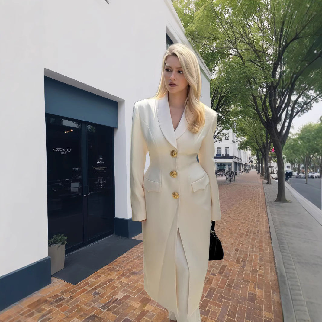Damen Eleganter Langmantel mit goldenen Knöpfen und klassischem Schnitt R&B