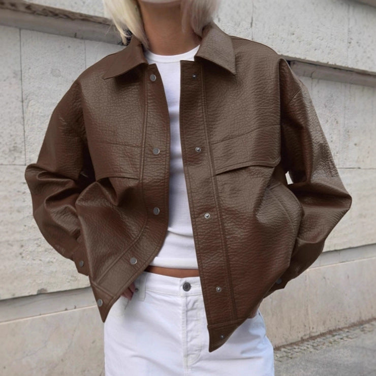 Damen Modische Kunstlederjacke im lässigen Oversized-Schnitt R&B