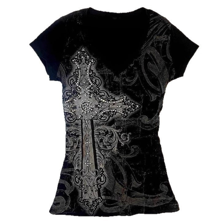 Damen T-Shirt mit aufwendigem Kreuz-Design und Strass-Akzenten R&B