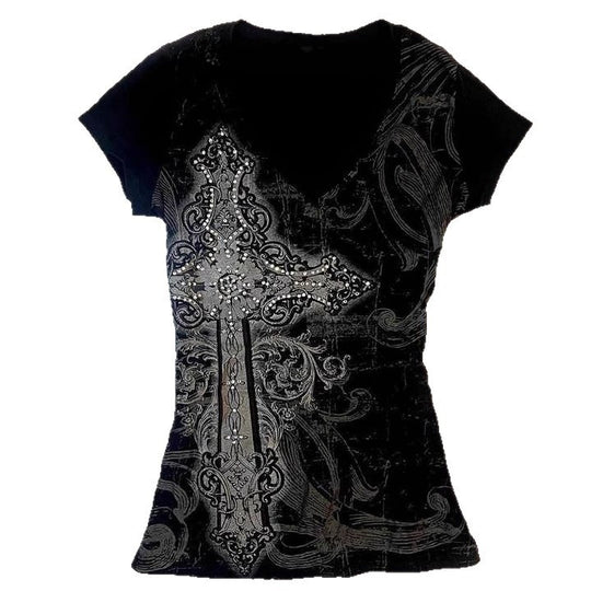 Damen T-Shirt mit aufwendigem Kreuz-Design und Strass-Akzenten R&B