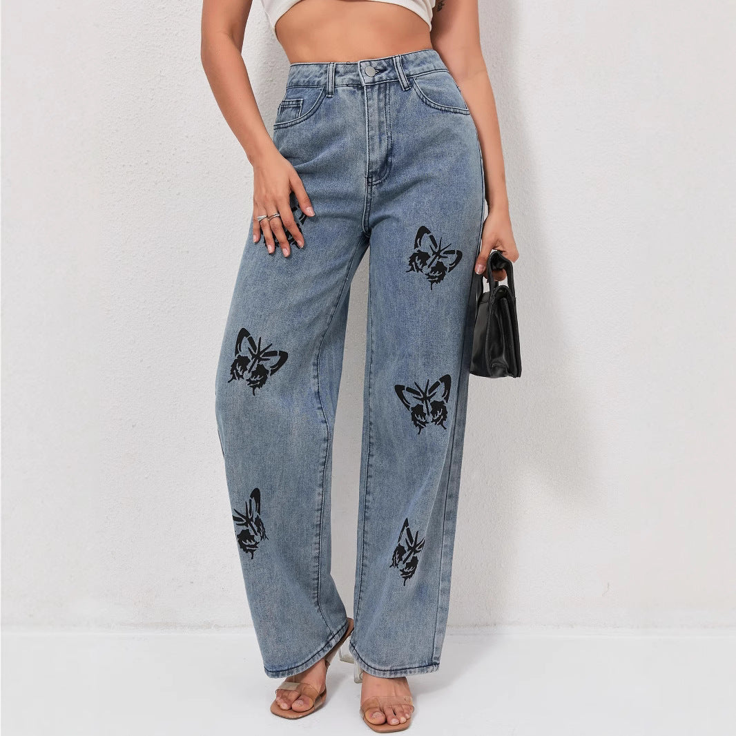 Damen Weite Jeans mit auffälligen Schmetterlings-Prints R&B
