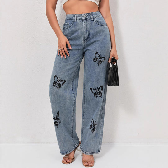 Damen Weite Jeans mit auffälligen Schmetterlings-Prints R&B