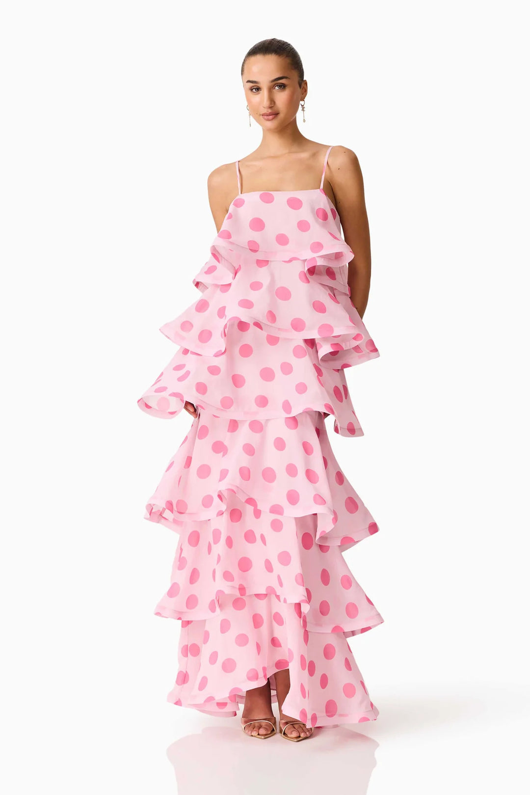 Damen Maxikleid mit verspielten Rüschen und Punkten R&B