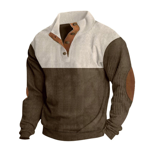 Herren nan Rippenstrickpullover mit Stehkragen Knopfleiste und Leder-Ellbogenpatches R&B
