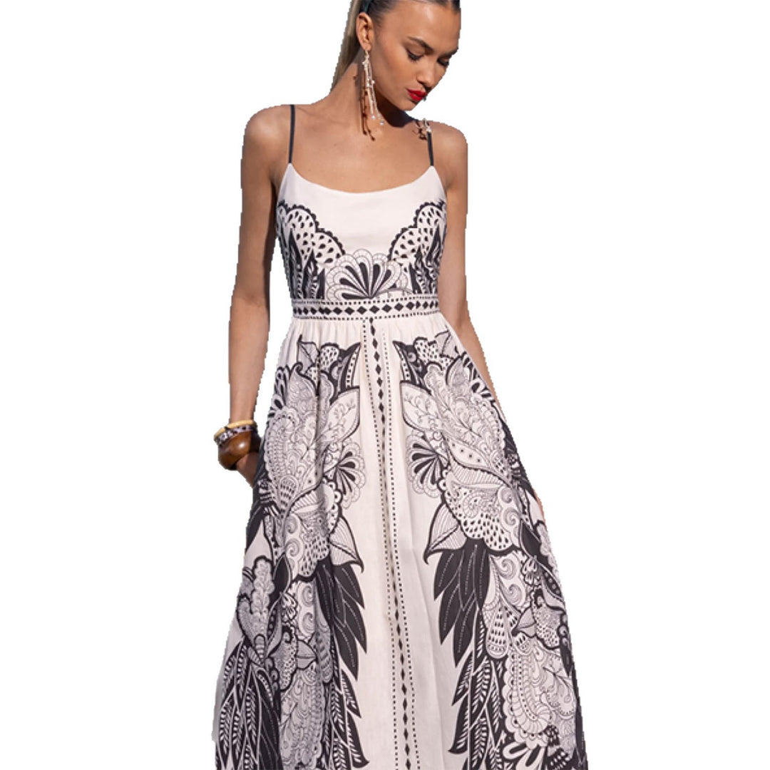 Damen Maxikleid mit feinen Trägern und künstlerischem grafikdruck R&B
