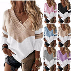 Damen Strickpullover mit V-Ausschnitt und trendigen Farbblockmustern R&B