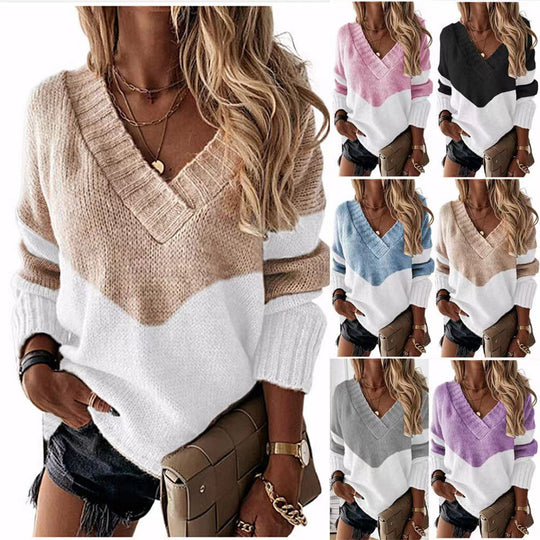 Damen Strickpullover mit V-Ausschnitt und trendigen Farbblockmustern R&B