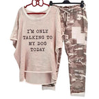 Damen nan weites Freizeit-Set mit Spruchaufdruck, weit geschnittenem Langshirt und Camouflage-Jogginghose R&B