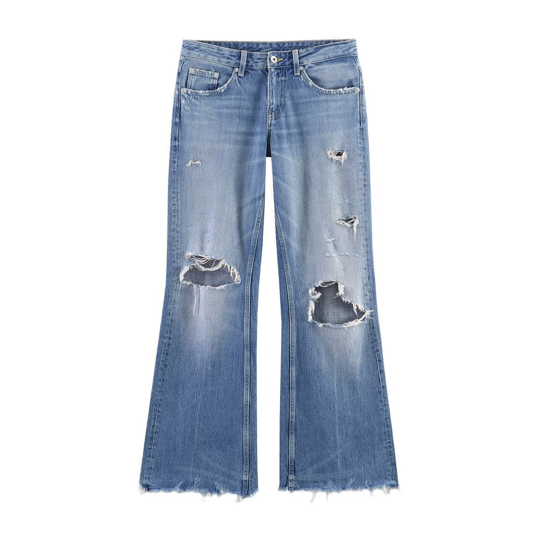 Damen Flared Jeans mit Destroyed-Effekten und Fransenabschlüssen R&B