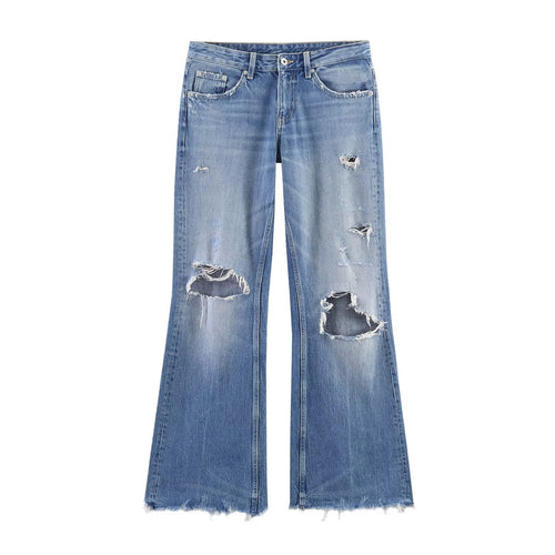 Damen Flared Jeans mit Destroyed-Effekten und Fransenabschlüssen R&B