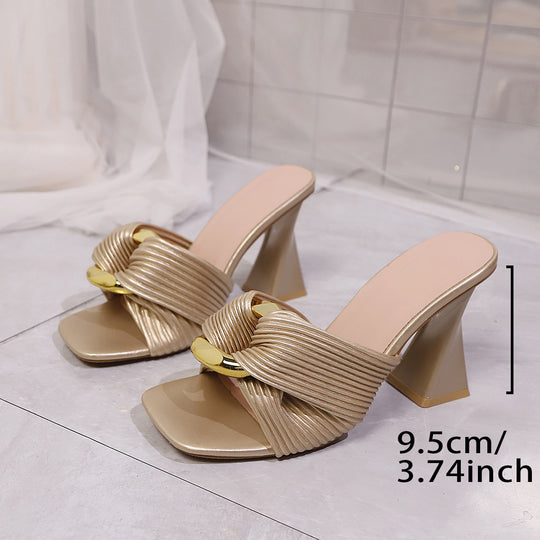 Damen Elegante High-Heel Sandaletten mit modischem Rippendesign und goldener Akzent-Details R&B