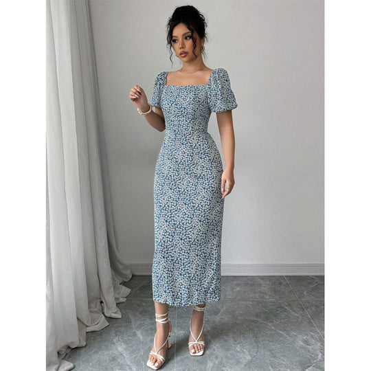 Damen Midikleid mit schulterfreien Puffärmeln und floralem Muster R&B