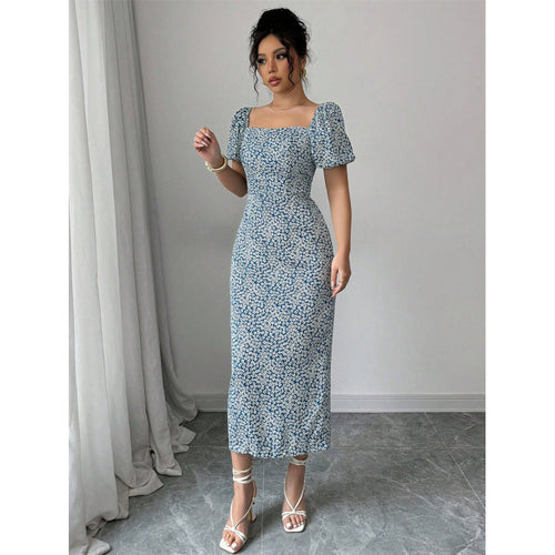 Damen Midikleid mit schulterfreien Puffärmeln und floralem Muster R&B