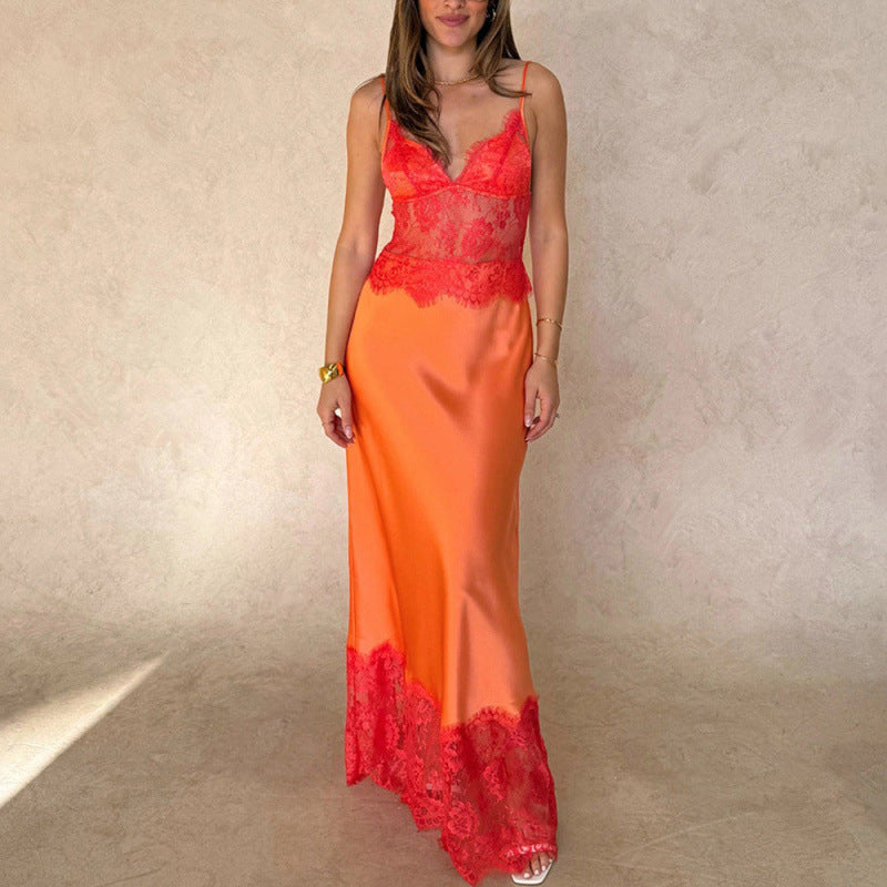 Damen Elegantes Nachtkleid mit transparentem Spitzeneinsatz und verstellbaren Trägern R&B