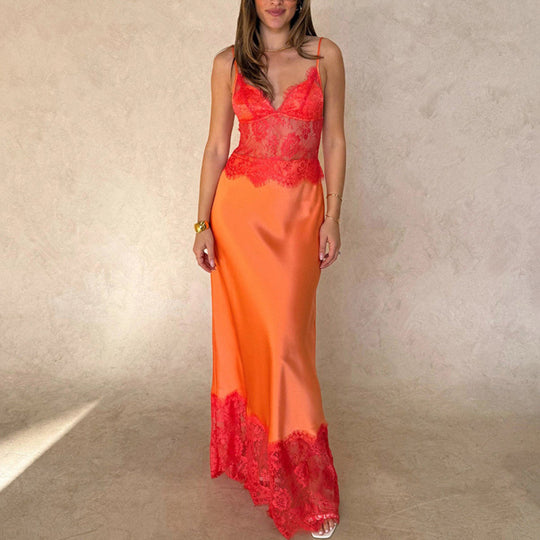 Damen Elegantes Nachtkleid mit transparentem Spitzeneinsatz und verstellbaren Trägern R&B