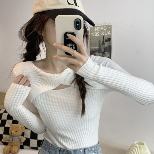 Damen Langarmshirt mit offener Schulterpartie und Rippstrickmuster R&B