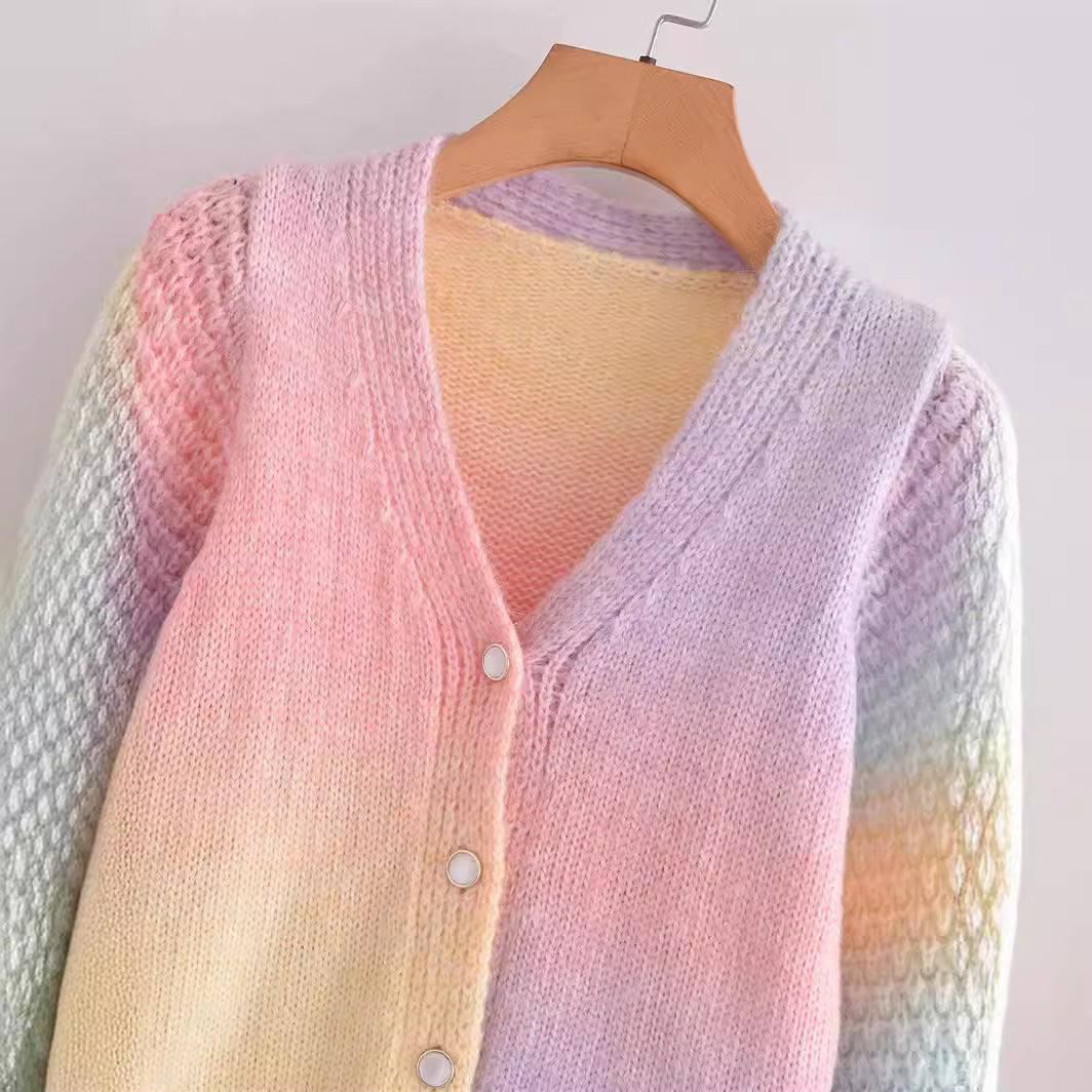 Damen Farbverlauf Strickjacke mit V-Ausschnitt und Knopfleiste R&B