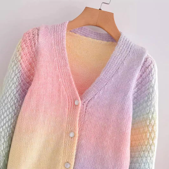 Damen Farbverlauf Strickjacke mit V-Ausschnitt und Knopfleiste R&B