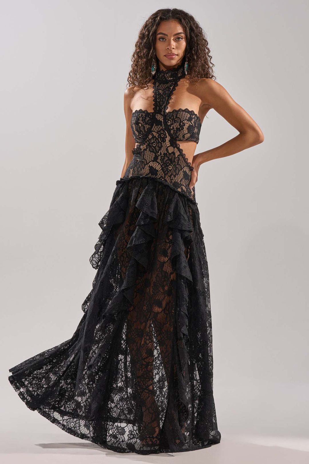 Damen elegante Spitzentraumkleid mit hochgeschlossenem Kragen und fließendem Rock R&B