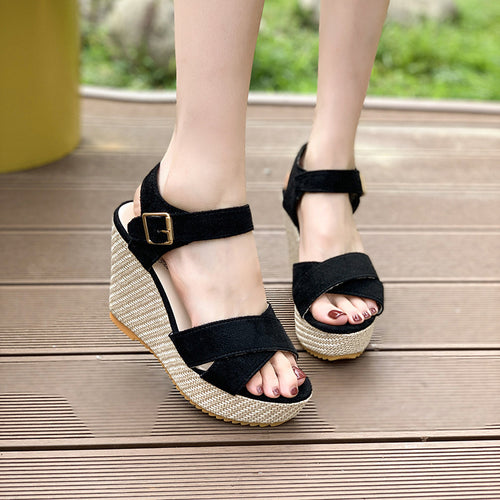 Damen nan Espadrille-Keilabsatz-Sandalette mit gekreuzten Veloursriemen und verstellbarer Schnallenlasche R&B