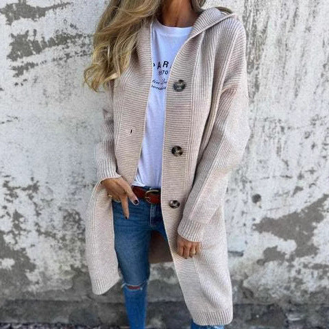 Damen Strickjacke mit Kapuze und dekorativen Knöpfen R&B