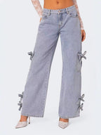 Damen lässige Cargo-Jeans mit stylischem Schleifen-Detail