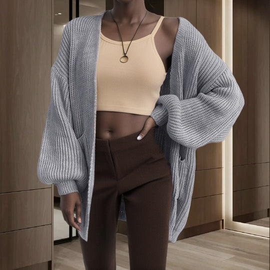 Damen Großer Strickjacke mit voluminösen Ärmeln und praktischen Taschen R&B