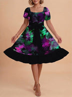 Damen Sommerkleid mit floralem Puffärmel und taillierbarem Gürtel EB