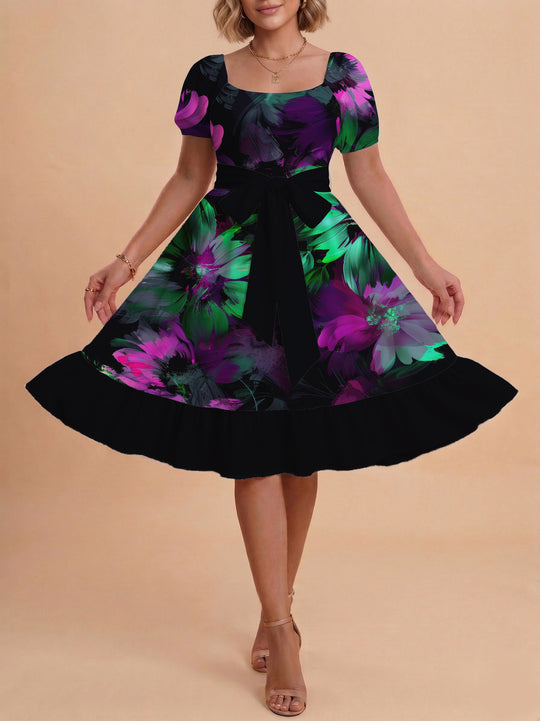 Damen Sommerkleid mit floralem Puffärmel und taillierbarem Gürtel R&B