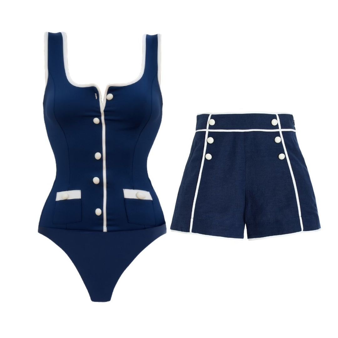 Damen Sportlicher Schwimmanzug mit Langarm und Knopfdetails R&B