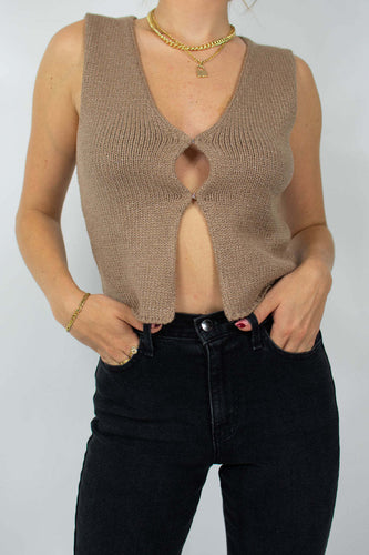Damen gestricktes Crop-Top mit schickem V-Ausschnitt und dekorativem Schlüsselverschluss R&B