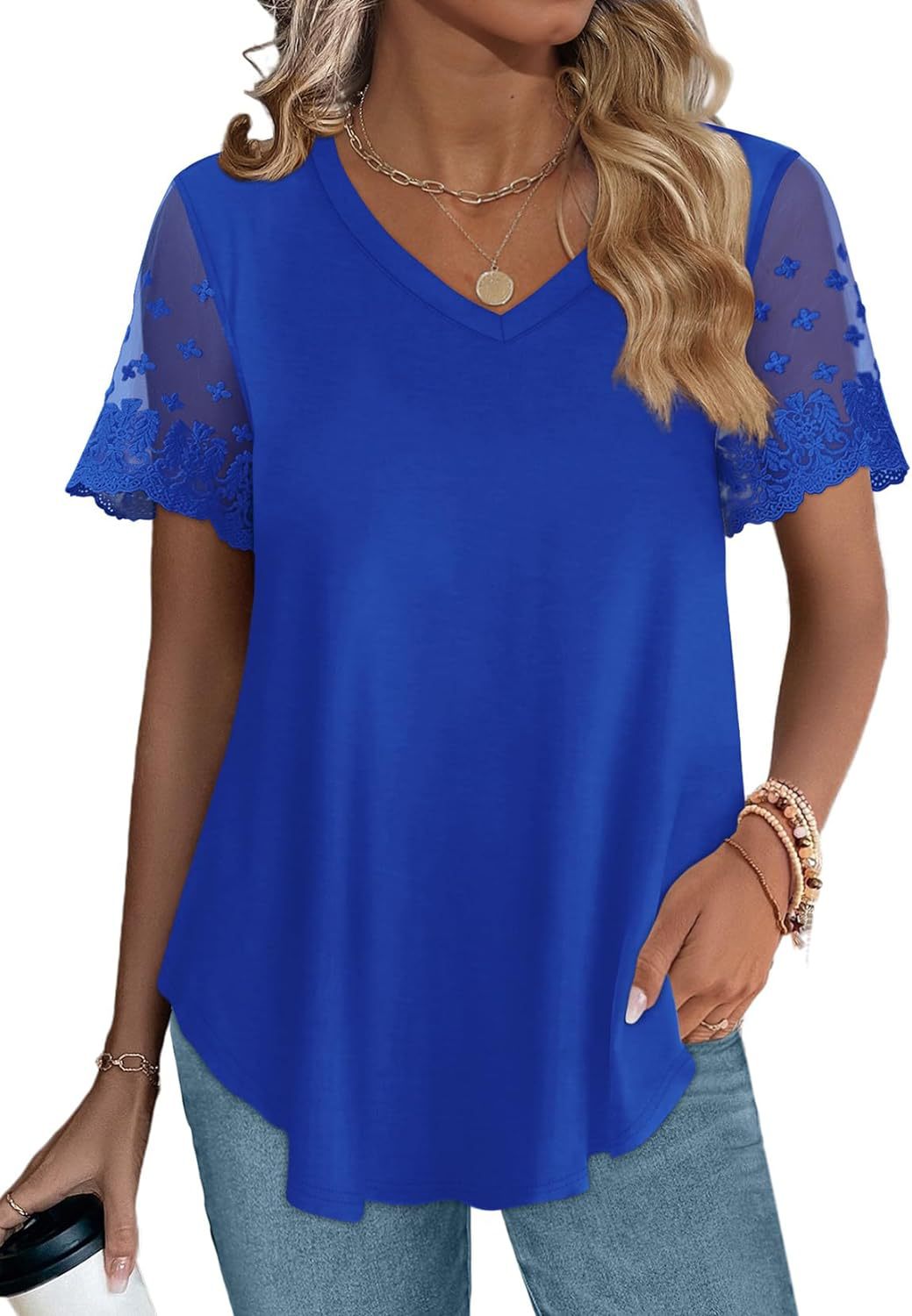 Damen Bluse mit eleganten Spitzenärmeln und V-Ausschnitt R&B